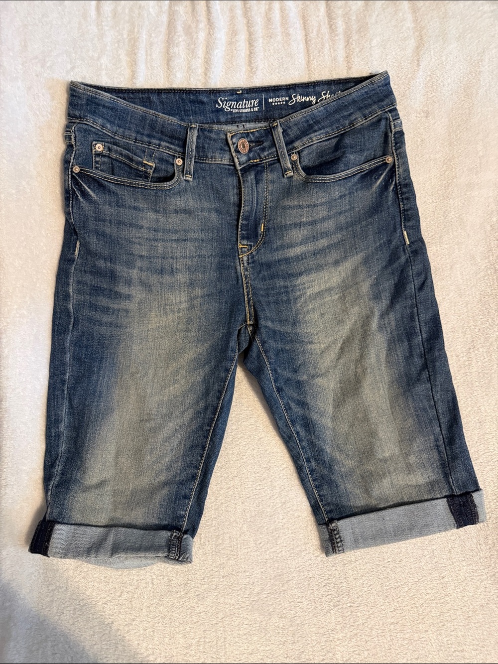 Signature Mid-Blue Rolled Cuff Denim Bermuda Shorts